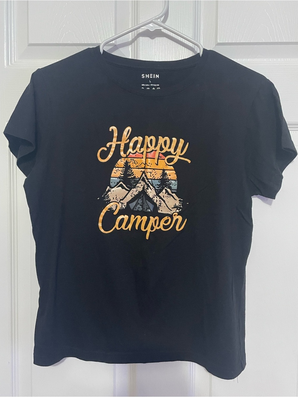 Women’s SHEIN Black 'Happy Camper' Graphic Tee with Retro Sunset - Large
